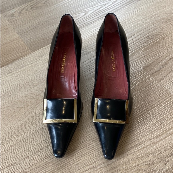 Sergio Rossi Black Leather Pumps Gold Buckle Square Toe Heels Classic Designer - Picture 2 of 13